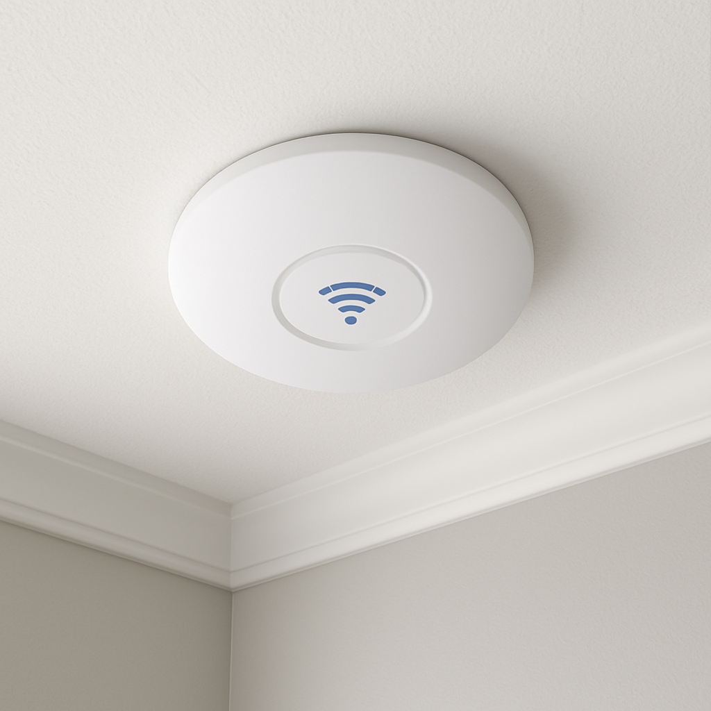 Point dâaccĂšs Wi-Fi discret au plafond, illustration dâune installation rĂ©seau moderne dans un logement Ă Charleville-MĂ©ziĂšres